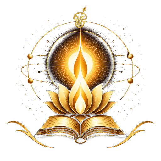 Thiruvarul — a flame rising from a lotus on an open book, ringed by orbital paths and stars