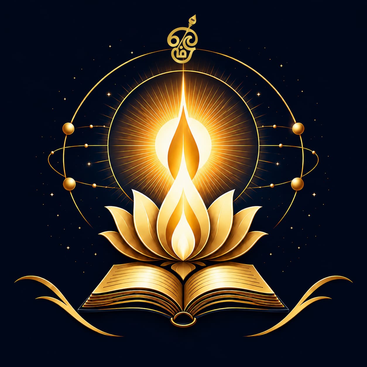 Thiruvarul — a flame rising from a lotus on an open book, ringed by orbital paths and stars